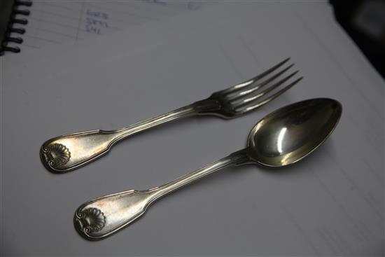 A cased set of late 19th century French 950 standard silver fiddle, thread and shell pattern flatware by Henin & Fils, Paris, 79 oz.